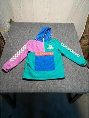 PLAYSTATION 1/4 Zip Pastel Colorblock Checkered Long Sleeve Hooded Windbreaker